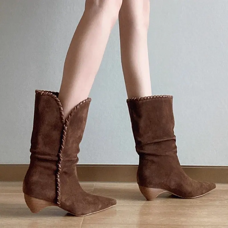 Autumn New Pointed Toe Suede Sleeve Anti-slip Wear-resistant Single Shoes Shaped Heel Mid-leg Boots
