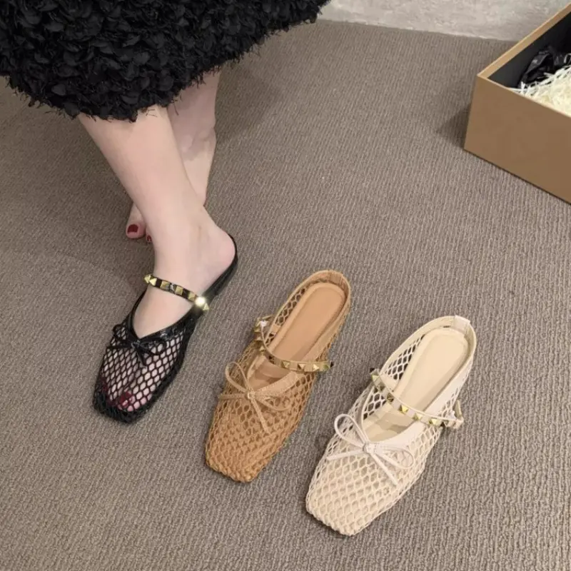 Low Heel Fishing Net Woven Sandals Women Summer Hollow Soft Sole Comfortable Niche Beach Baotou Roman Half Slippers