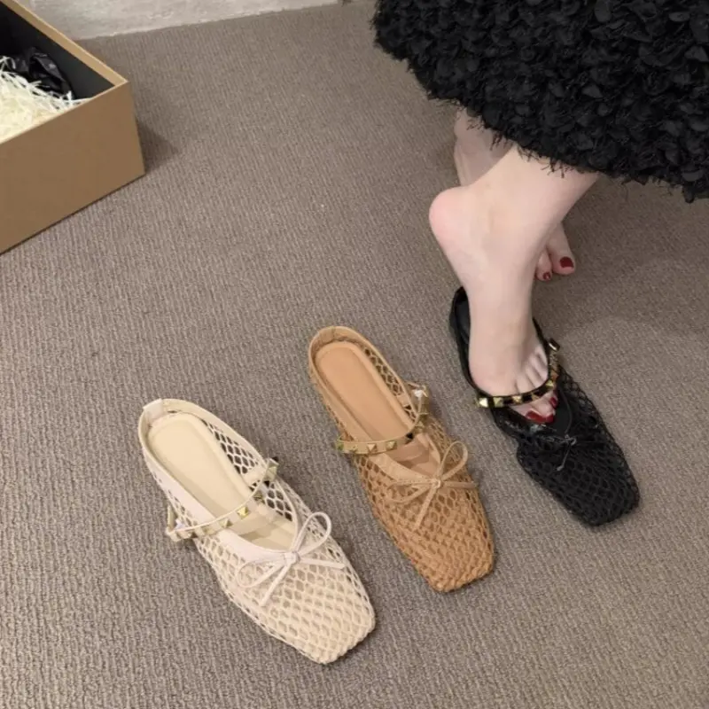 Low Heel Fishing Net Woven Sandals Women Summer Hollow Soft Sole Comfortable Niche Beach Baotou Roman Half Slippers