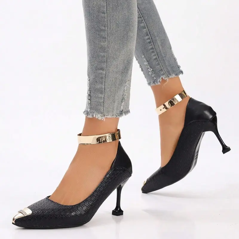 New Autumn Style Metal Pointed Stiletto Slip-on High Heels for Women, Elegant Shallow Mouth, Versatile Non-slip Single Shoes