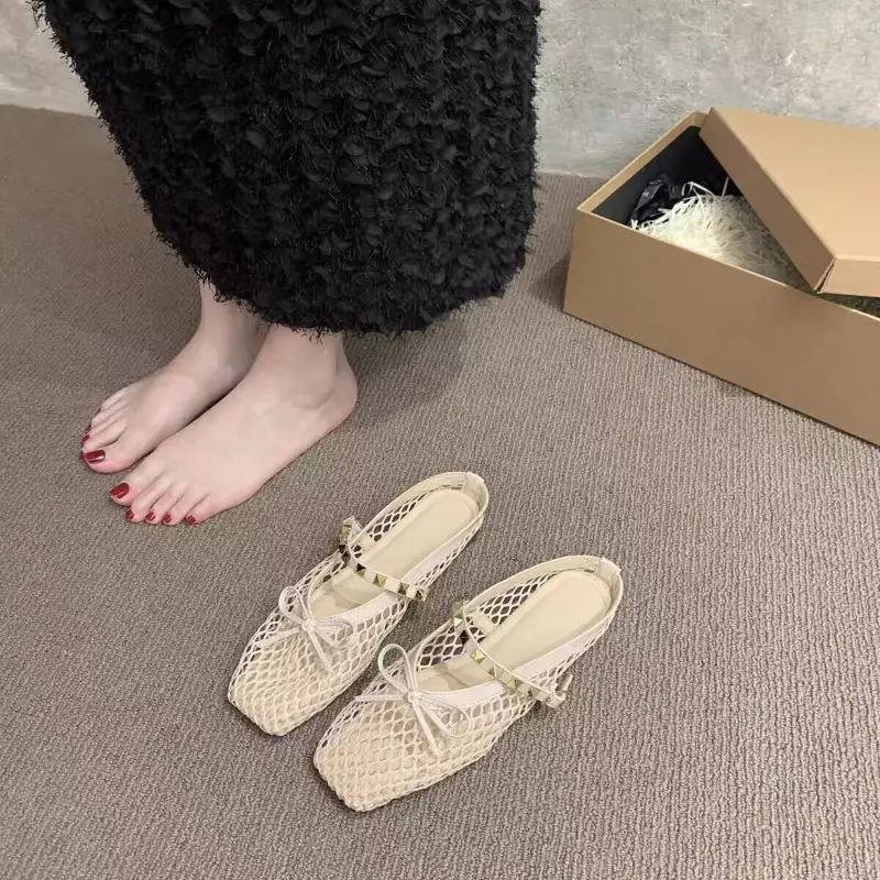 Low Heel Fishing Net Woven Sandals Women Summer Hollow Soft Sole Comfortable Niche Beach Baotou Roman Half Slippers