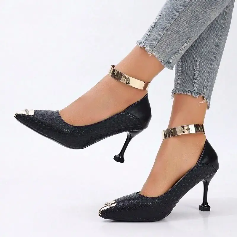 New Autumn Style Metal Pointed Stiletto Slip-on High Heels for Women, Elegant Shallow Mouth, Versatile Non-slip Single Shoes