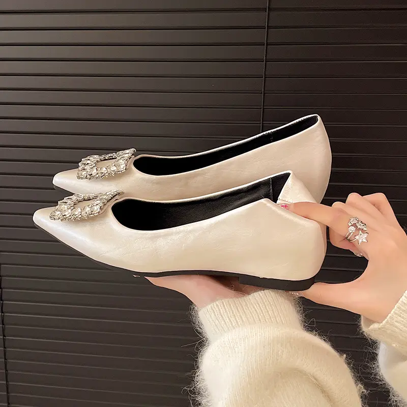 Inside Heightened Single Shoes Women's Fashion Pointed Toe Shallow Slip Rhinestone Square Button Soft Sole Low Heel Shoes