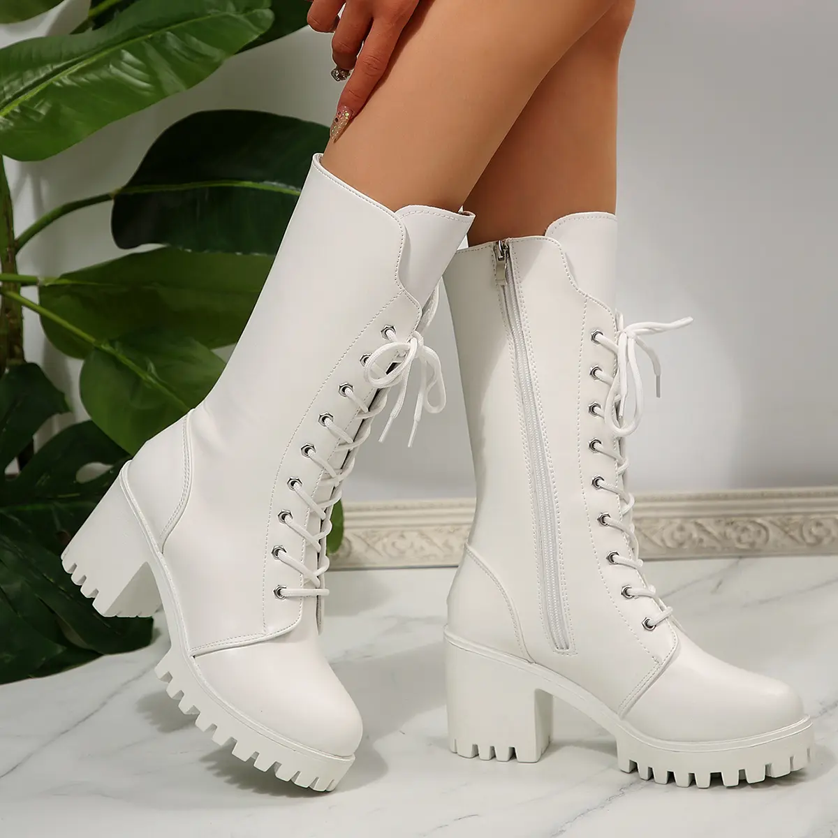 Autumn Platform Round Toe Lace-Up Front Side Zip Anti-Slip Wear-Resistant Square Heel Mid-Tube Boots