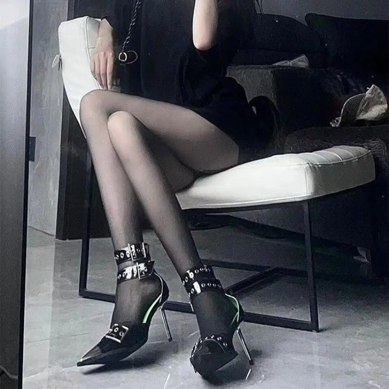 Super High Heel Metal Pointed Toe Studded Belt Buckle Rear Zip Anti-Slip Wear-Resistant Stiletto Sandals