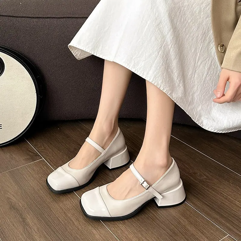 Spring New Single Shoes Women's Fashion Square Head Shallow Mouth Splicing A Line with Non-slip Low-top Shoes
