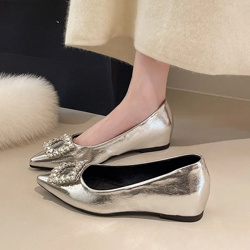 Inside Heightened Single Shoes Women's Fashion Pointed Toe Shallow Slip Rhinestone Square Button Soft Sole Low Heel Shoes