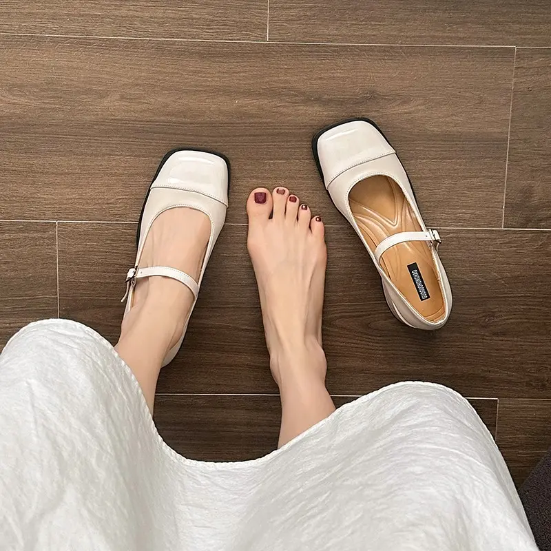 Spring New Single Shoes Women's Fashion Square Head Shallow Mouth Splicing A Line with Non-slip Low-top Shoes