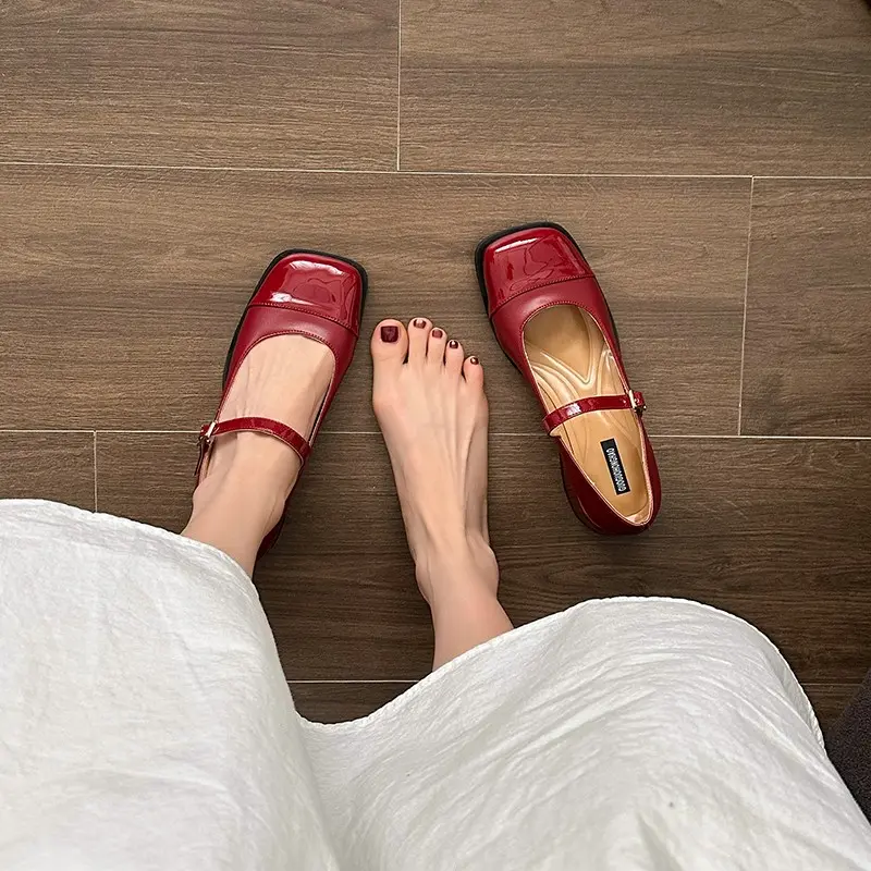 Spring New Single Shoes Women's Fashion Square Head Shallow Mouth Splicing A Line with Non-slip Low-top Shoes