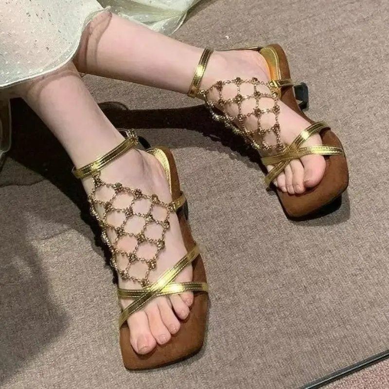 Temperament High Heels Women Summer Square Toe Open Toe Rhinestone Metal Mesh Strap Alien Heel Roman Sandals