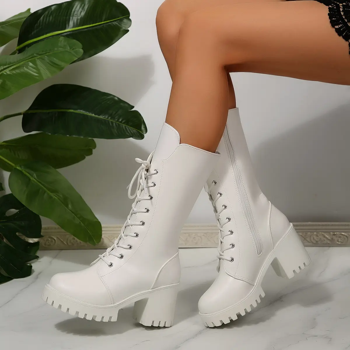 Autumn Platform Round Toe Lace-Up Front Side Zip Anti-Slip Wear-Resistant Square Heel Mid-Tube Boots