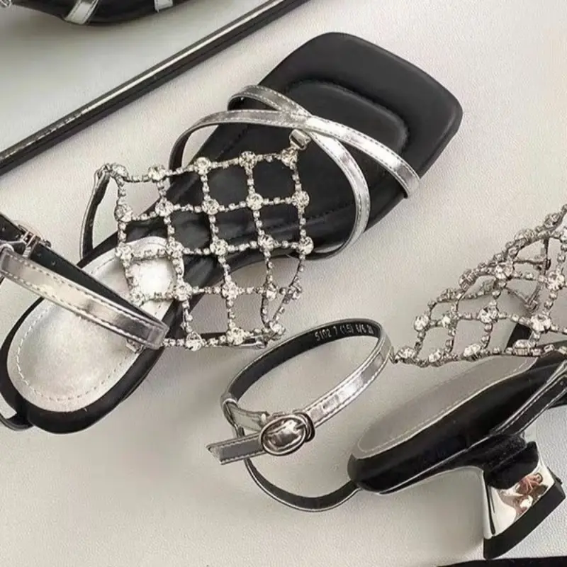 Temperament High Heels Women Summer Square Toe Open Toe Rhinestone Metal Mesh Strap Alien Heel Roman Sandals