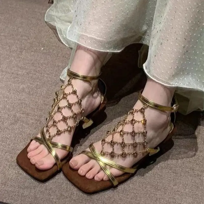 Temperament High Heels Women Summer Square Toe Open Toe Rhinestone Metal Mesh Strap Alien Heel Roman Sandals