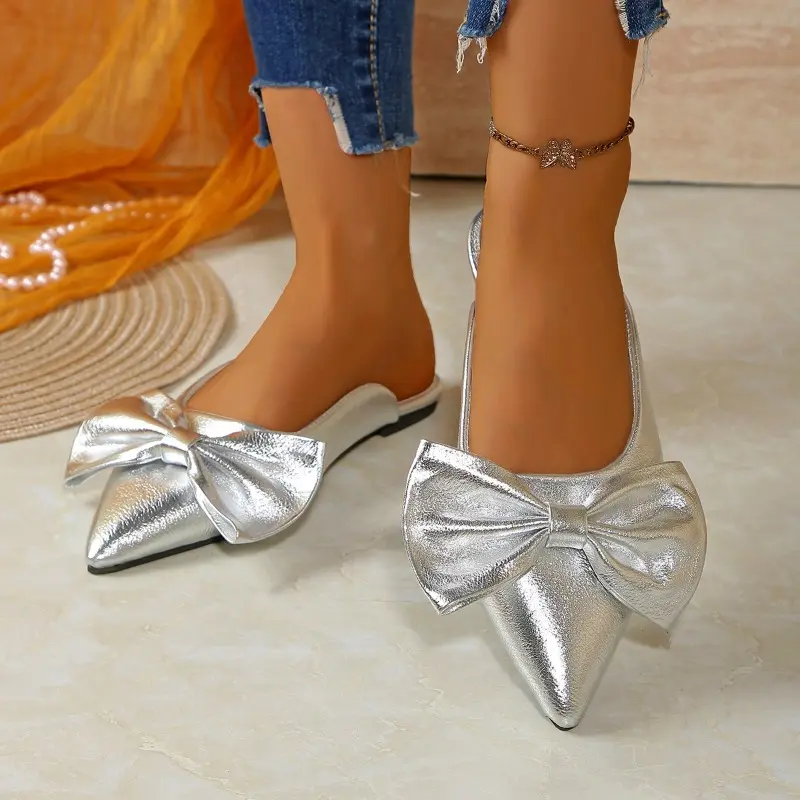 Fashion Pointed Toe Shallow Mouth Flat Shoes New Outside Wear Bow Summer Wear-resistant Wrapped Head Soft-soled Slippers