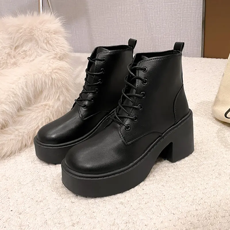 Winter New Thick Heel Single Boots Women's Fashion Round Head Front Strap Thick Sole Anti-slip Wear-resistant Short Boots