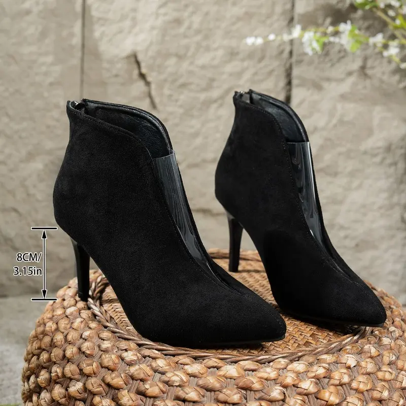 Slim Heel Single Boots Women's Fall New Pointed Toe Spliced Suede Non-Slip Wear-Resistant Rear Zip Shorthole