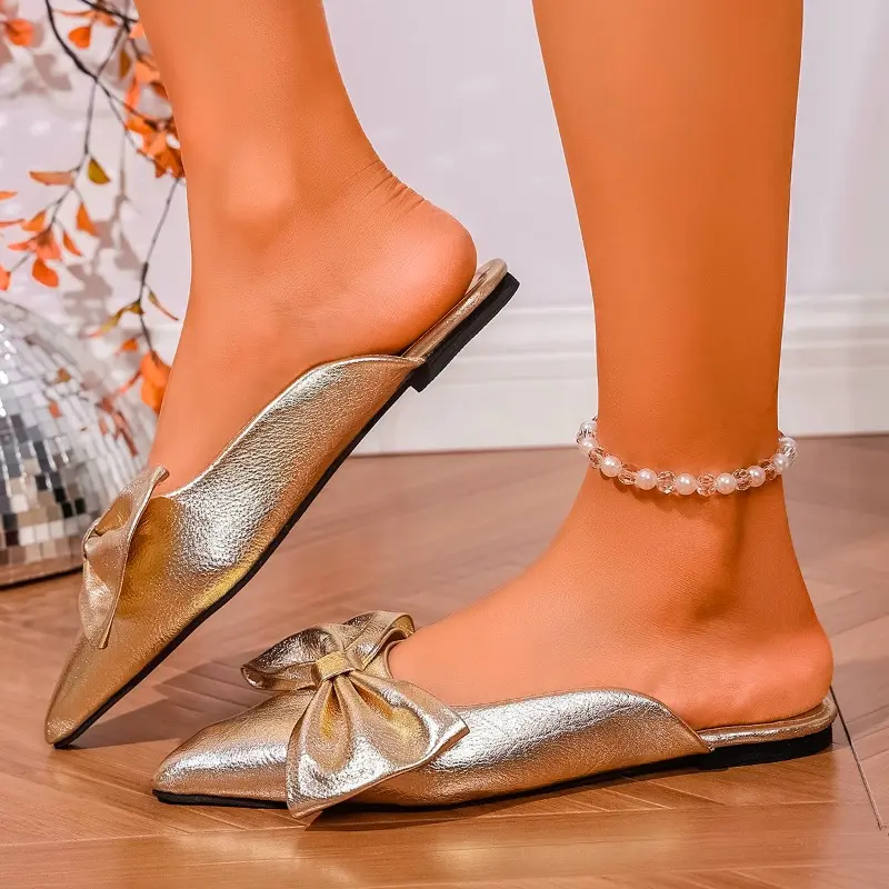 Fashion Pointed Toe Shallow Mouth Flat Shoes New Outside Wear Bow Summer Wear-resistant Wrapped Head Soft-soled Slippers