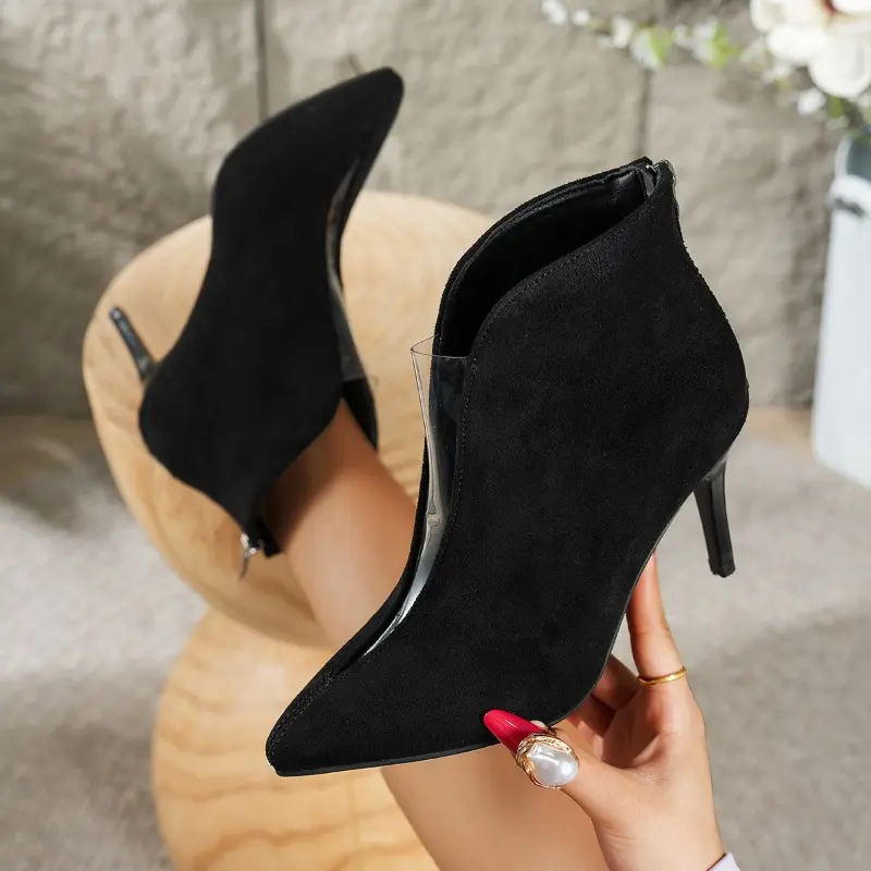 Slim Heel Single Boots Women's Fall New Pointed Toe Spliced Suede Non-Slip Wear-Resistant Rear Zip Shorthole