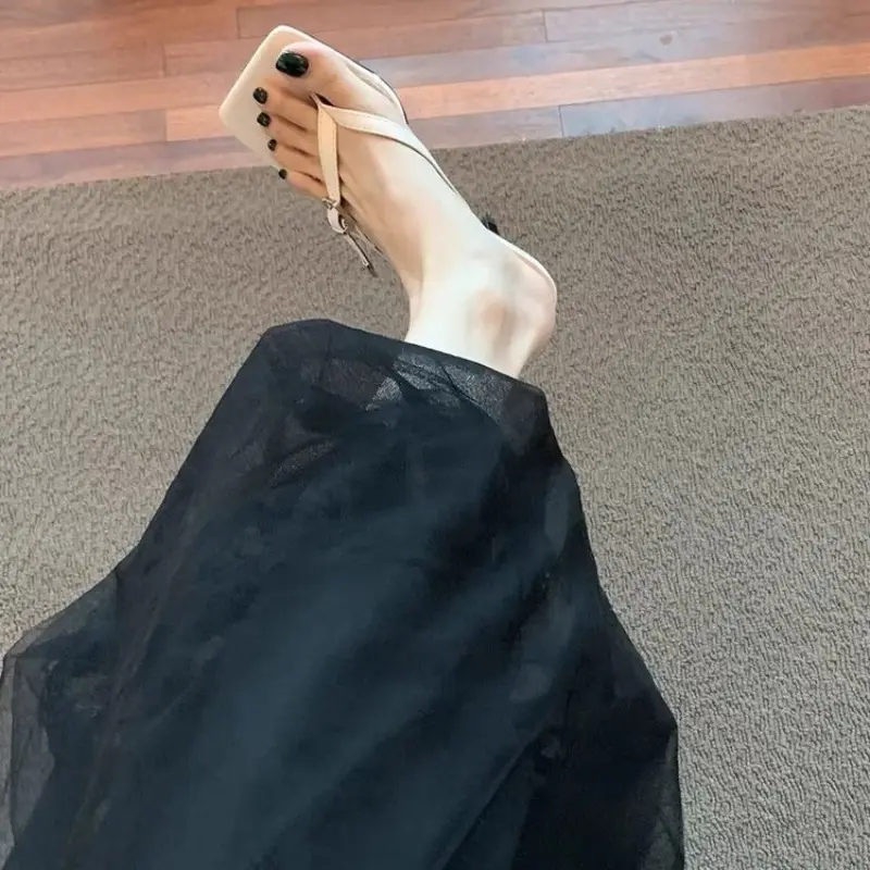 Women's Stiletto Sandals Summer New Style Square Head Clip Toe Metal Buckle Anti-slip Wear-resistant Flip-flops