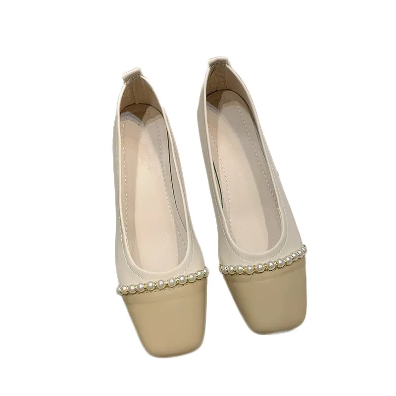 Women's Coarse Heel Shoes Fall New Square Head Shallow Mouth Color Beaded Anti-slip Wear-resistant Low-top Shoes