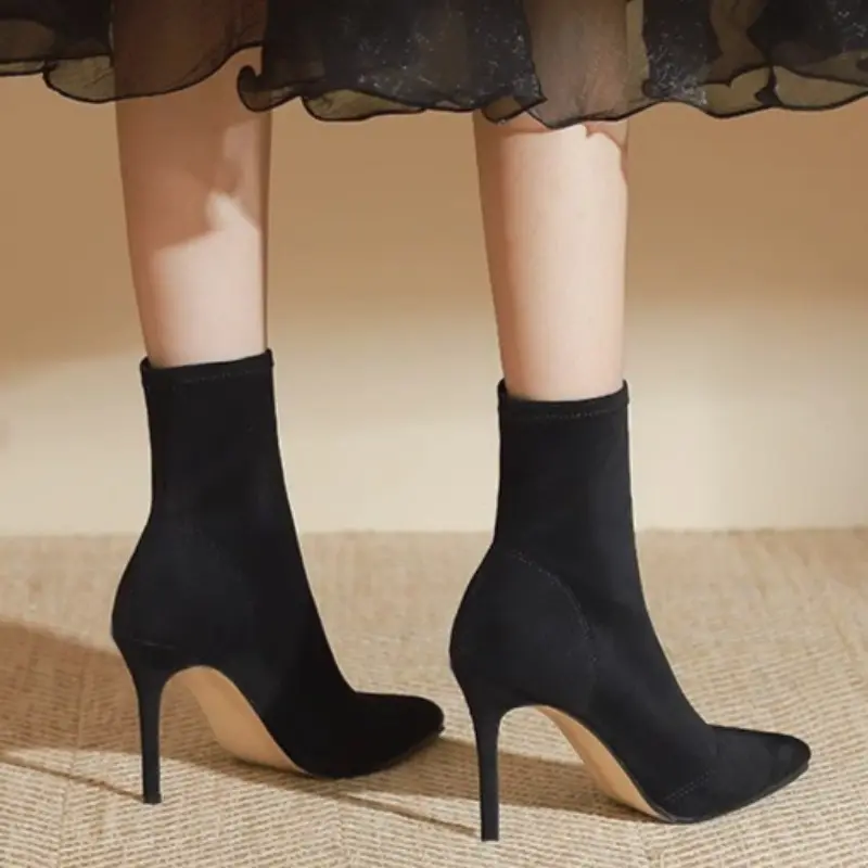 Women's Fashion Stiletto High Heel Ankle Boots Fall New Pointed Suede Set Foot Elastic Slimming Temperament in Socks Boots