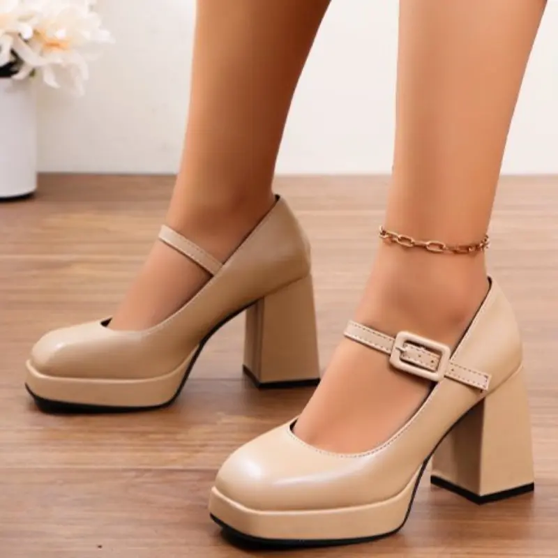 Autumn New Thick Heel Single Shoes Women's Fashion Square Head Shallow Mouth One Word Buckle Thick Sole Low Top Shoes