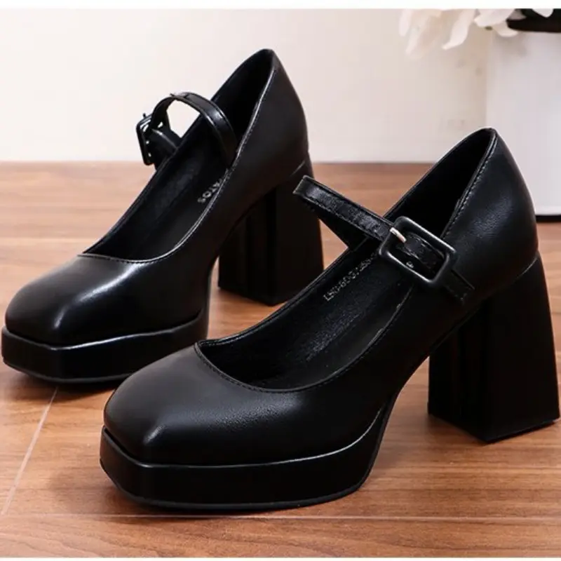 Autumn New Thick Heel Single Shoes Women's Fashion Square Head Shallow Mouth One Word Buckle Thick Sole Low Top Shoes