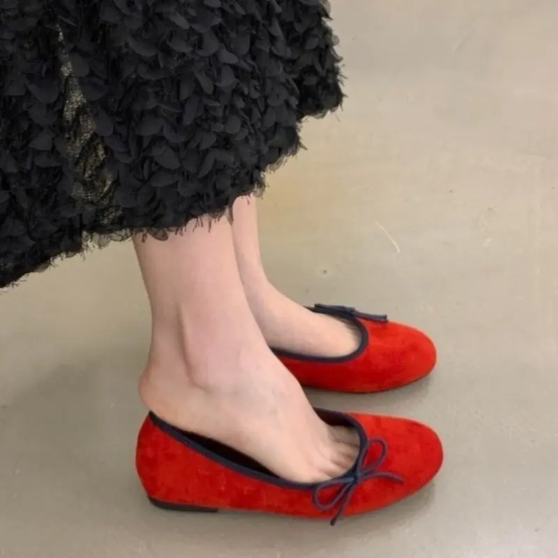 Suede Bow Soft-soled Ballet Shoes for Women 2025 New Fairy Style One-foot Slip-on Round-toe Delicate Single Shoes