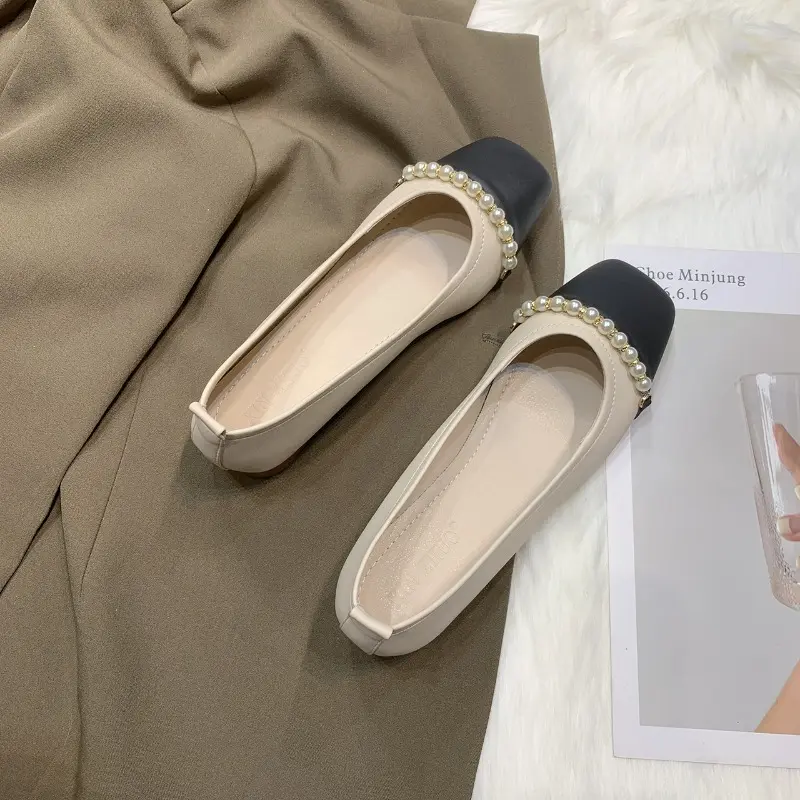 Women's Coarse Heel Shoes Fall New Square Head Shallow Mouth Color Beaded Anti-slip Wear-resistant Low-top Shoes