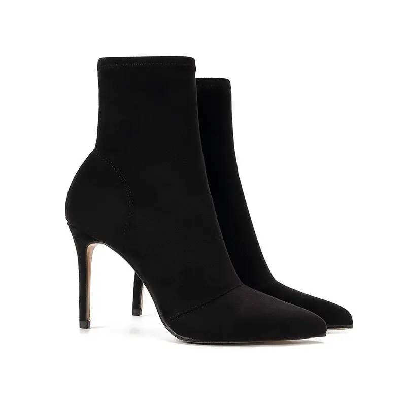 Women's Fashion Stiletto High Heel Ankle Boots Fall New Pointed Suede Set Foot Elastic Slimming Temperament in Socks Boots