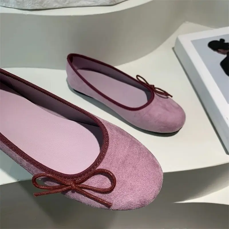 Suede Bow Soft-soled Ballet Shoes for Women 2025 New Fairy Style One-foot Slip-on Round-toe Delicate Single Shoes