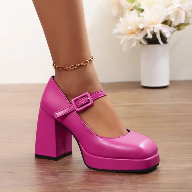 Autumn New Thick Heel Single Shoes Women's Fashion Square Head Shallow Mouth One Word Buckle Thick Sole Low Top Shoes