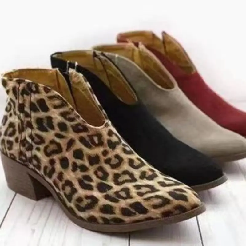 Large Size Women's Boots Autumn New Round Head Side Zipper Simple Fashion Leopard Print Ankle Boots