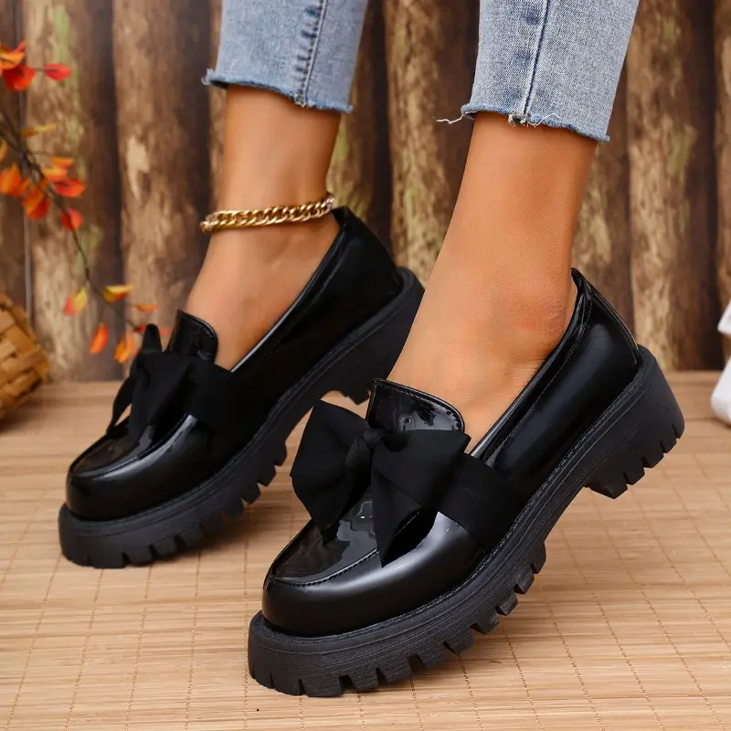 Spring New Thick Heel Single Shoes Women's Fashion Round Head Deep Mouth Butterfly Knot Thick Soled Soft Sole Loafers