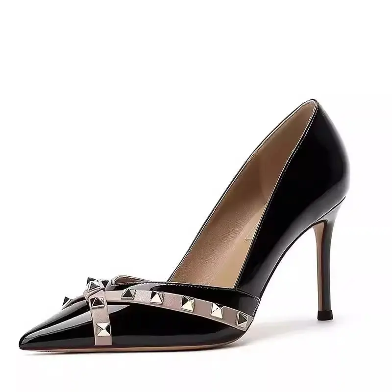 Autumn New Thin Heel Shoes Women's Fashion Pointed Head Shallow Mouth Rivets Anti-slip Wear-resistant High Heels