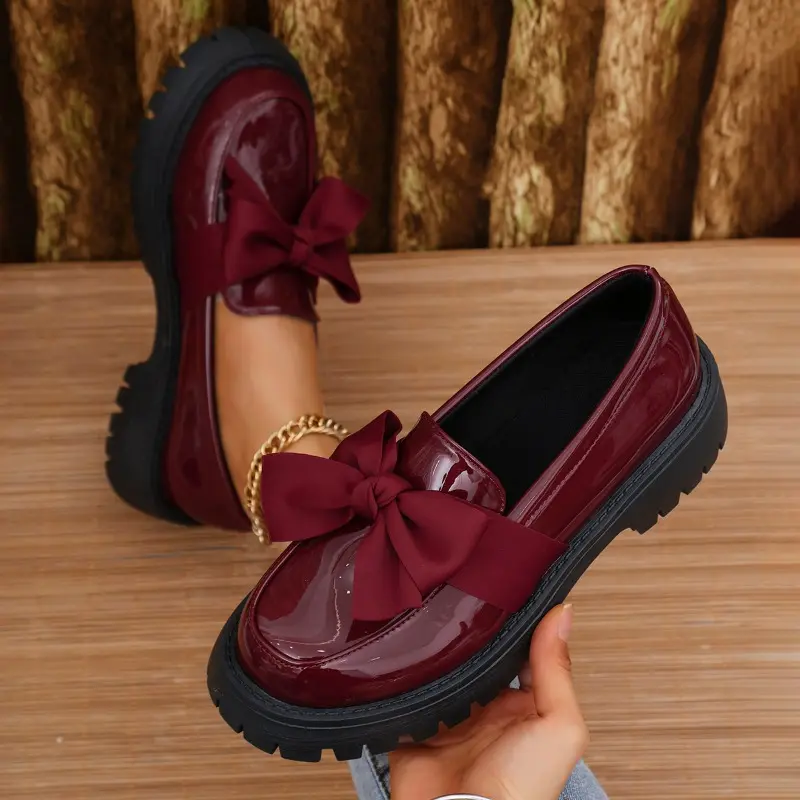 Spring New Thick Heel Single Shoes Women's Fashion Round Head Deep Mouth Butterfly Knot Thick Soled Soft Sole Loafers
