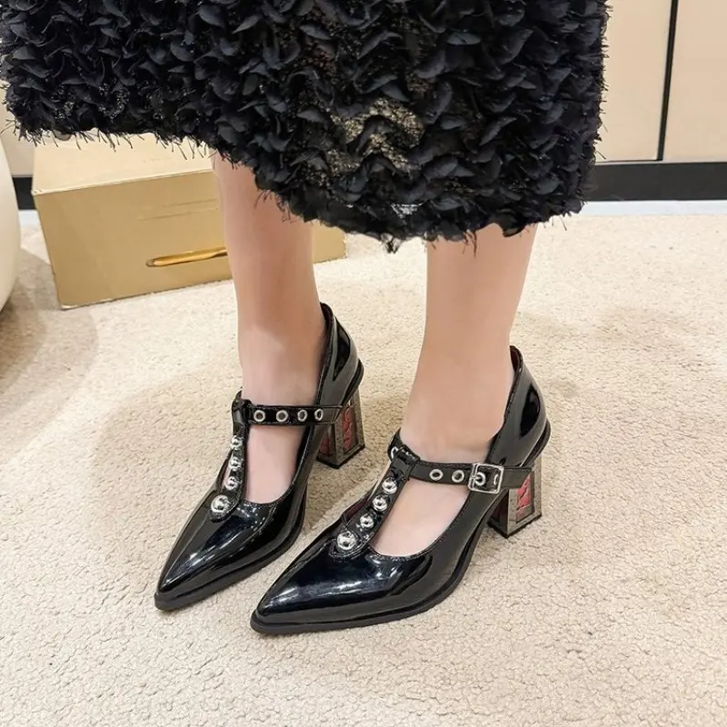 Women's Fashion Thick Heel Shoes Spring New Pointed Head Shallow Mouth Rivets Metal Buckle Line Belt High Heels