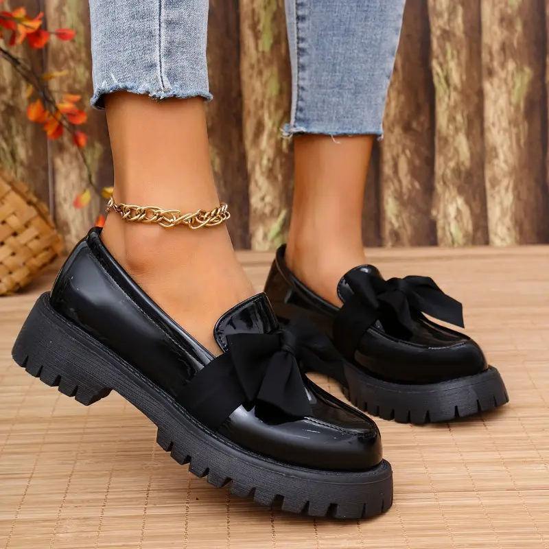Spring New Thick Heel Single Shoes Women's Fashion Round Head Deep Mouth Butterfly Knot Thick Soled Soft Sole Loafers
