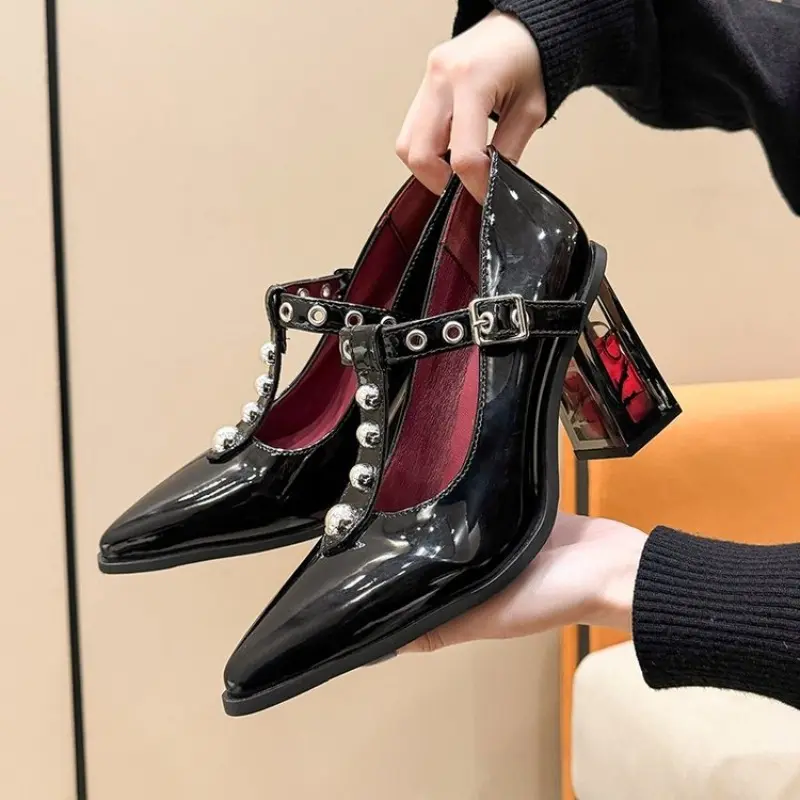 Women's Fashion Thick Heel Shoes Spring New Pointed Head Shallow Mouth Rivets Metal Buckle Line Belt High Heels