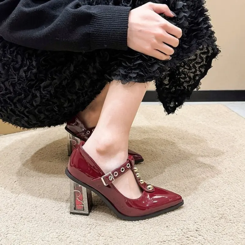 Women's Fashion Thick Heel Shoes Spring New Pointed Head Shallow Mouth Rivets Metal Buckle Line Belt High Heels