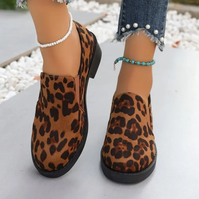 Autumn New Thick Heel Shoes Women's Fashion Round Head Deep Mouth Leopard Print Slip-on Comfortable High Heels