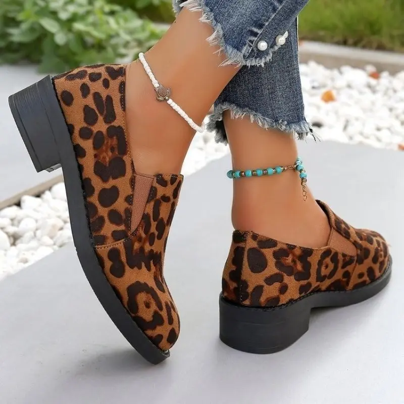 Autumn New Thick Heel Shoes Women's Fashion Round Head Deep Mouth Leopard Print Slip-on Comfortable High Heels