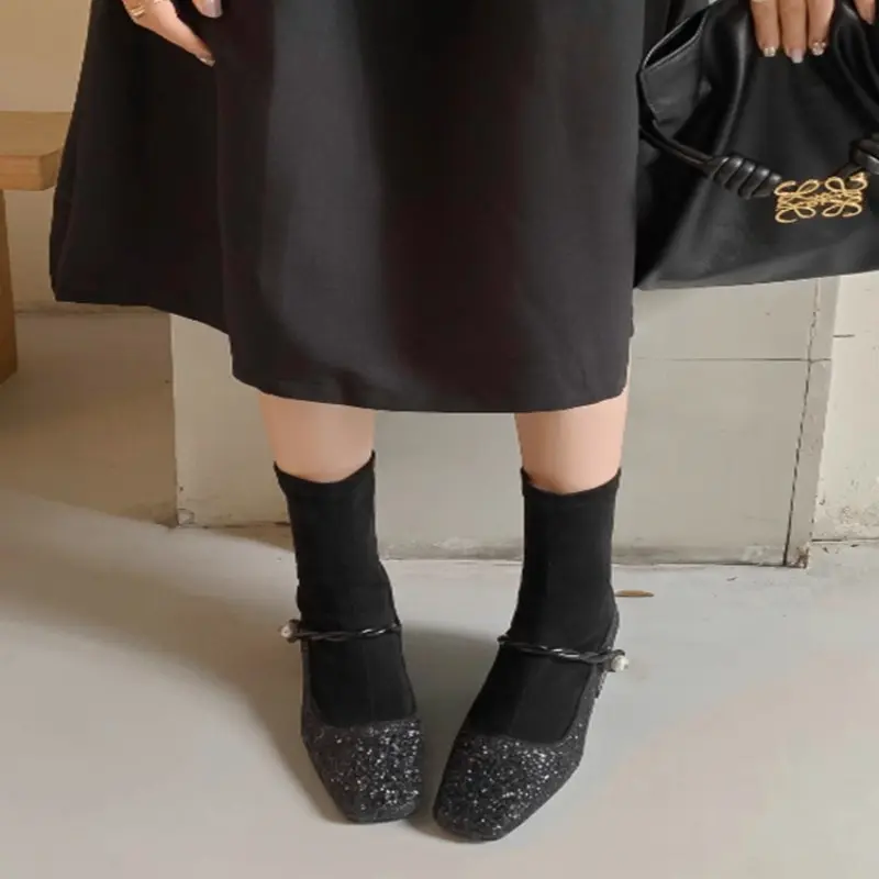 Women's Chunky Single Shoes Fall New Square Head Shallow Mouth Sequin Cloth One Line Buckle Soft Sole Non-slip Low Top Shoes