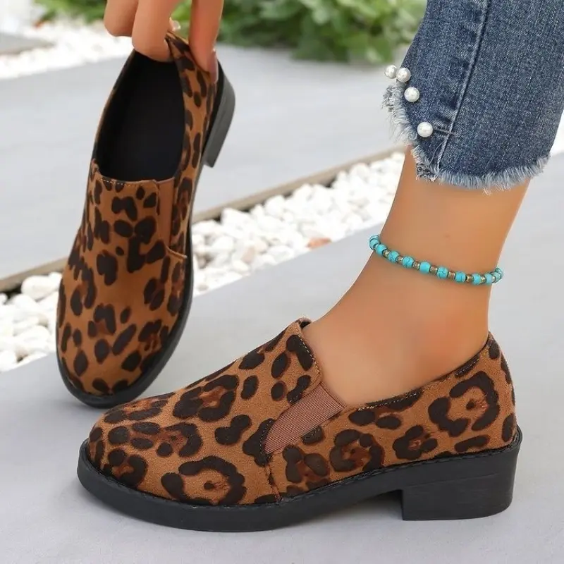 Autumn New Thick Heel Shoes Women's Fashion Round Head Deep Mouth Leopard Print Slip-on Comfortable High Heels