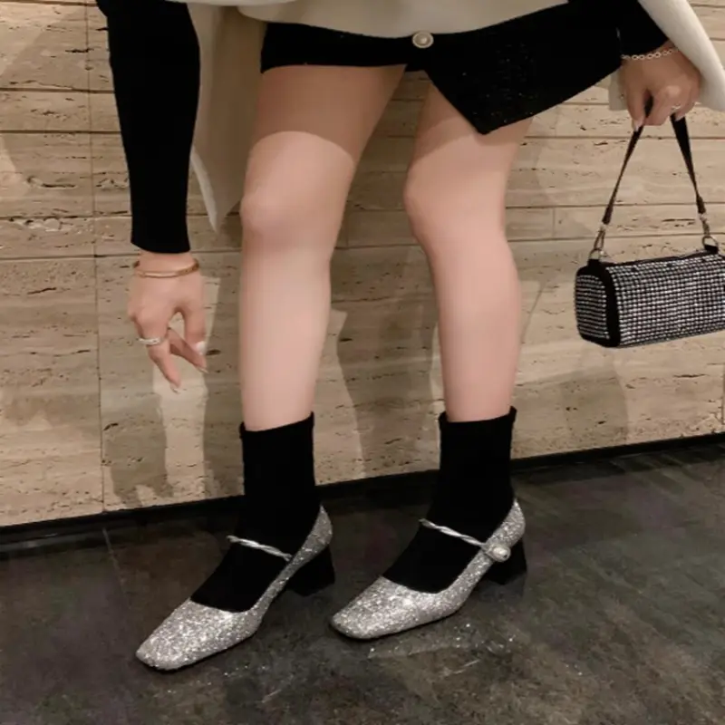 Women's Chunky Single Shoes Fall New Square Head Shallow Mouth Sequin Cloth One Line Buckle Soft Sole Non-slip Low Top Shoes