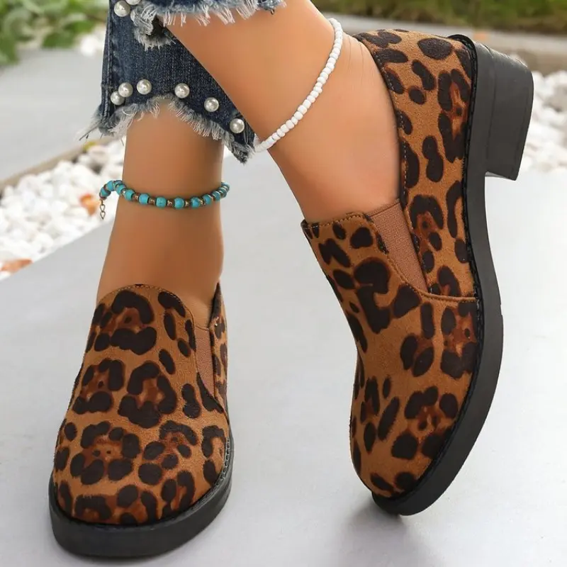 Autumn New Thick Heel Shoes Women's Fashion Round Head Deep Mouth Leopard Print Slip-on Comfortable High Heels