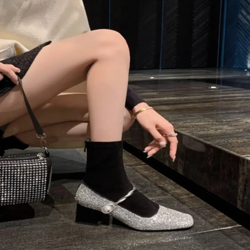 Women's Chunky Single Shoes Fall New Square Head Shallow Mouth Sequin Cloth One Line Buckle Soft Sole Non-slip Low Top Shoes