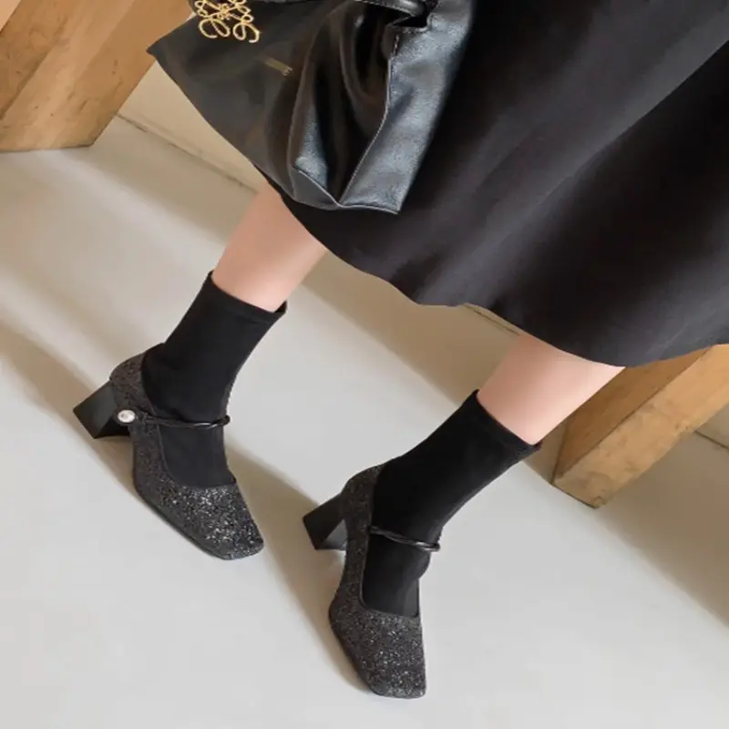 Women's Chunky Single Shoes Fall New Square Head Shallow Mouth Sequin Cloth One Line Buckle Soft Sole Non-slip Low Top Shoes