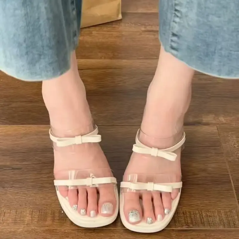Bow High Heel Slippers Women Summer Round Toe Open Toe Crystal Block Heel Anti-Slip Wear-Resistant Flat Slippers