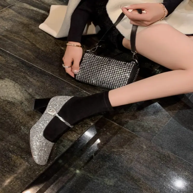 Women's Chunky Single Shoes Fall New Square Head Shallow Mouth Sequin Cloth One Line Buckle Soft Sole Non-slip Low Top Shoes